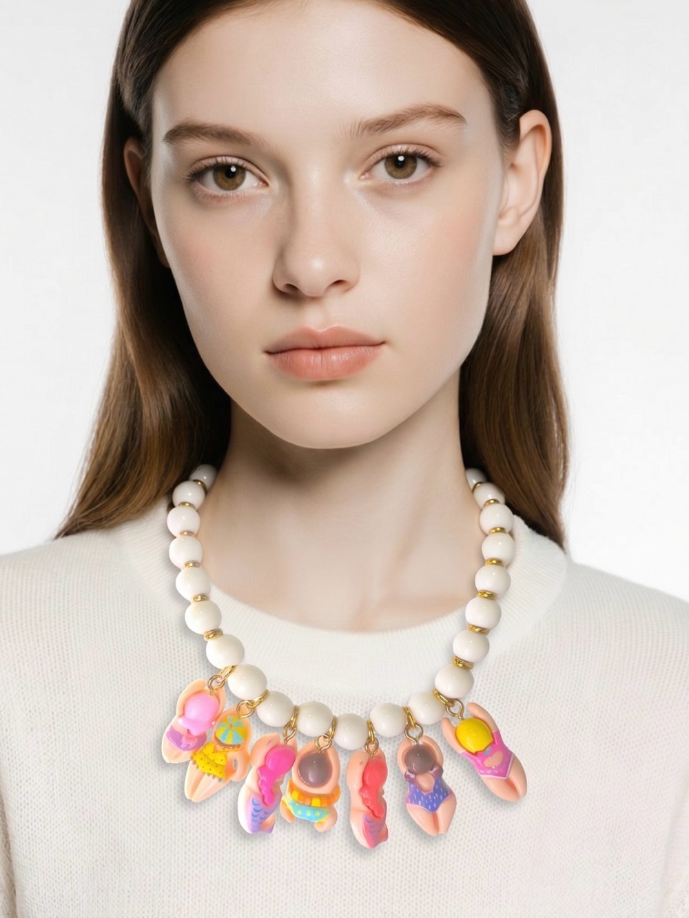White Bead Necklace with Multicolor Swimsuit Charms